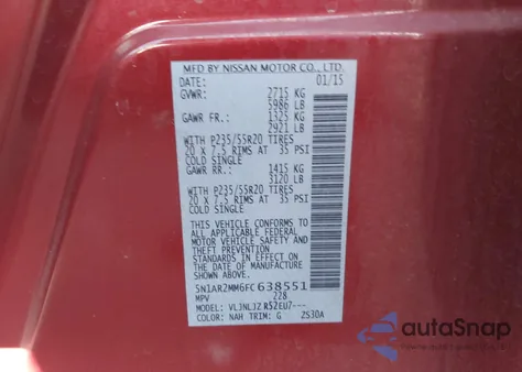 2015 Nissan Pathfinder Platinum from USA, damaged, VIN 5N1AR2MM6FC638551